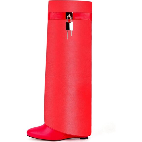 Women Faux Leather Red Pull-on Wedge Heel Knee Shark Padlock Design Boot - Picture 3 of 5